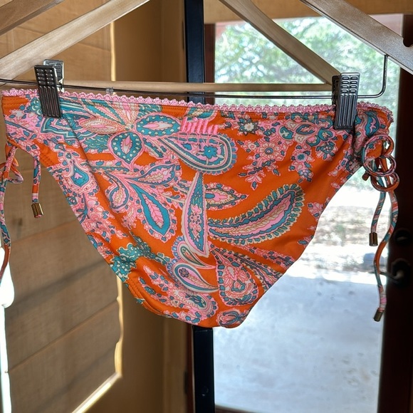 Billabong Low Rise Orange Pink Blue Paisley Ruched String Bottoms Size Large - Picture 4 of 5